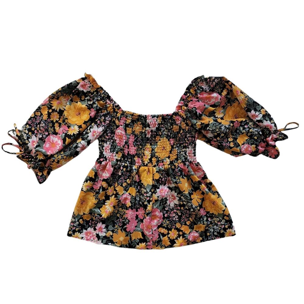 Twine & String Peasant Boho Smocked Blouse Floral Print SM Puff Ruffle Sleeves